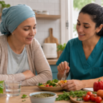 Paciente oncológica planificando una comida saludable con una profesional de nutrición