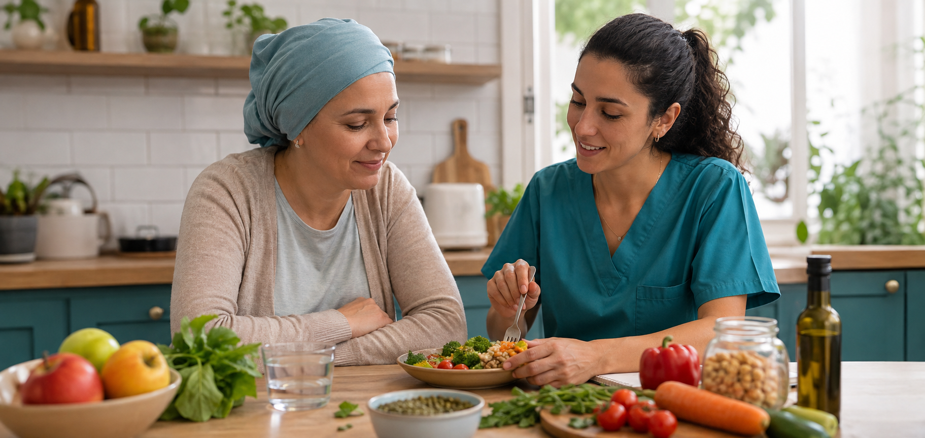 Paciente oncológica planificando una comida saludable con una profesional de nutrición
