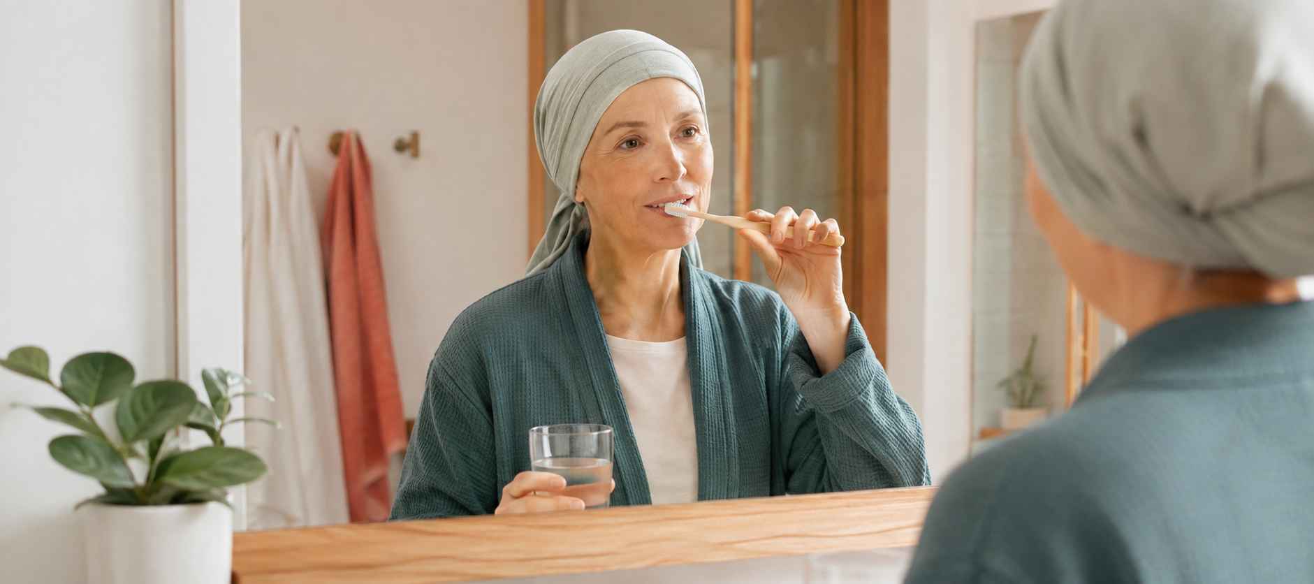 Paciente oncológica realizando un cepillado dental suave frente al espejo