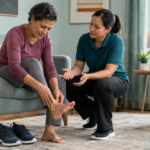 Paciente oncológica revisando un pie junto a una profesional de rehabilitación