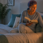 Paciente oncológica leyendo antes de dormir y dejando el teléfono a un lado