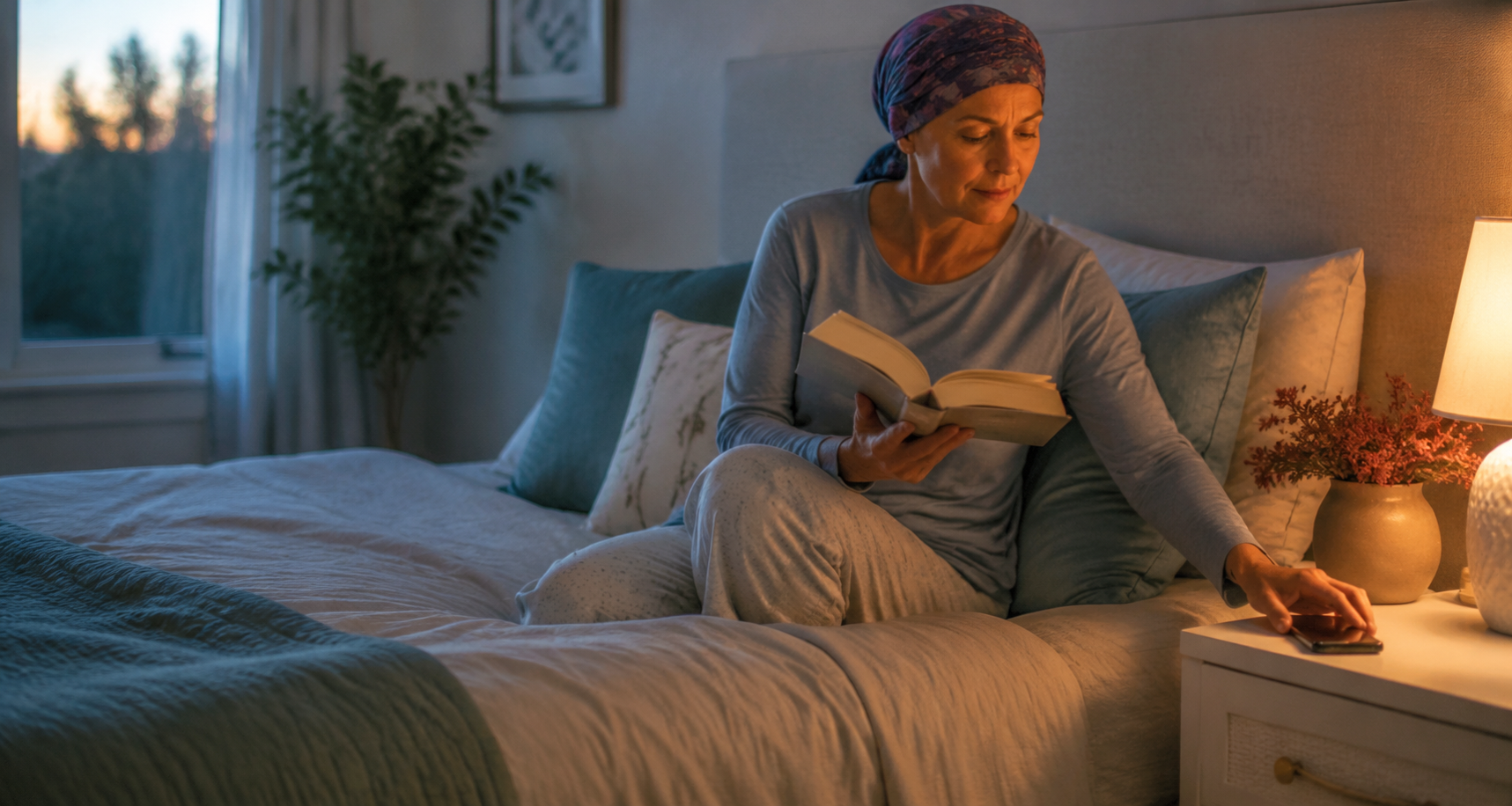 Paciente oncológica leyendo antes de dormir y dejando el teléfono a un lado