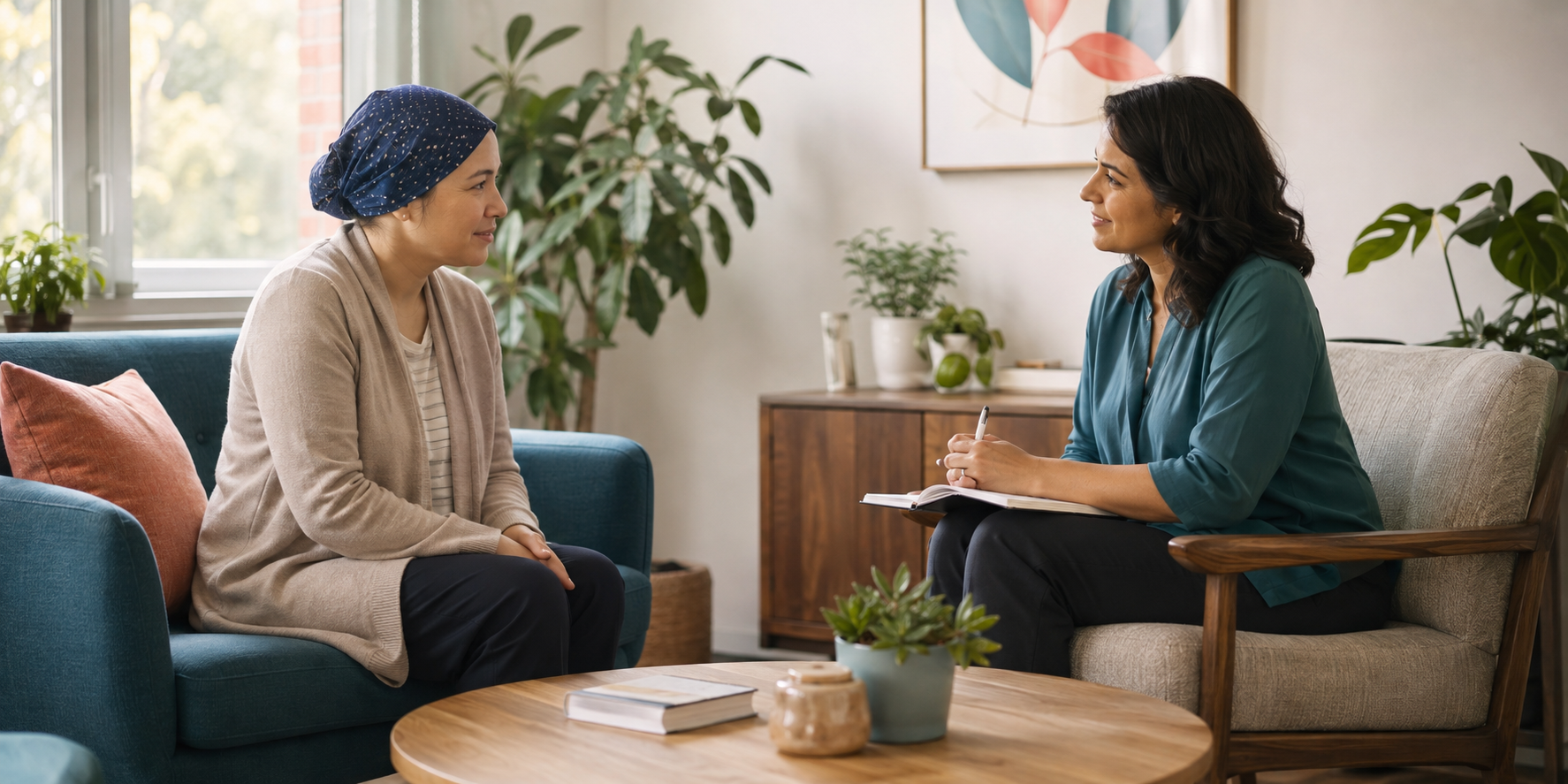 Paciente oncológica conversando con una profesional de psicooncología