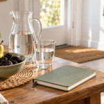 Agua, frutas, cuaderno y calzado cómodo que representan hábitos para prevenir el estreñimiento durante el tratamiento oncológico