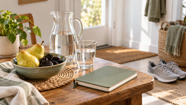 Agua, frutas, cuaderno y calzado cómodo que representan hábitos para prevenir el estreñimiento durante el tratamiento oncológico