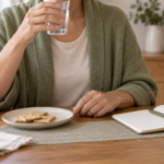 Persona tomando pequeños sorbos de agua junto a galletas simples y un cuaderno para registrar las náuseas durante el tratamiento