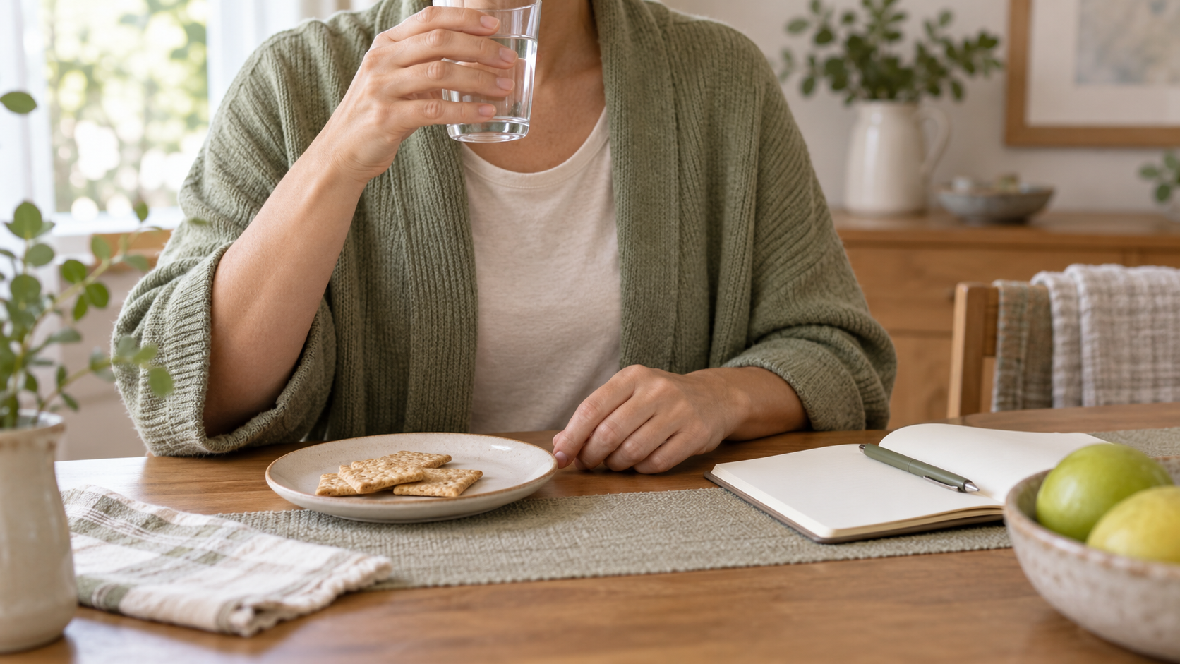 Persona tomando pequeños sorbos de agua junto a galletas simples y un cuaderno para registrar las náuseas durante el tratamiento -->