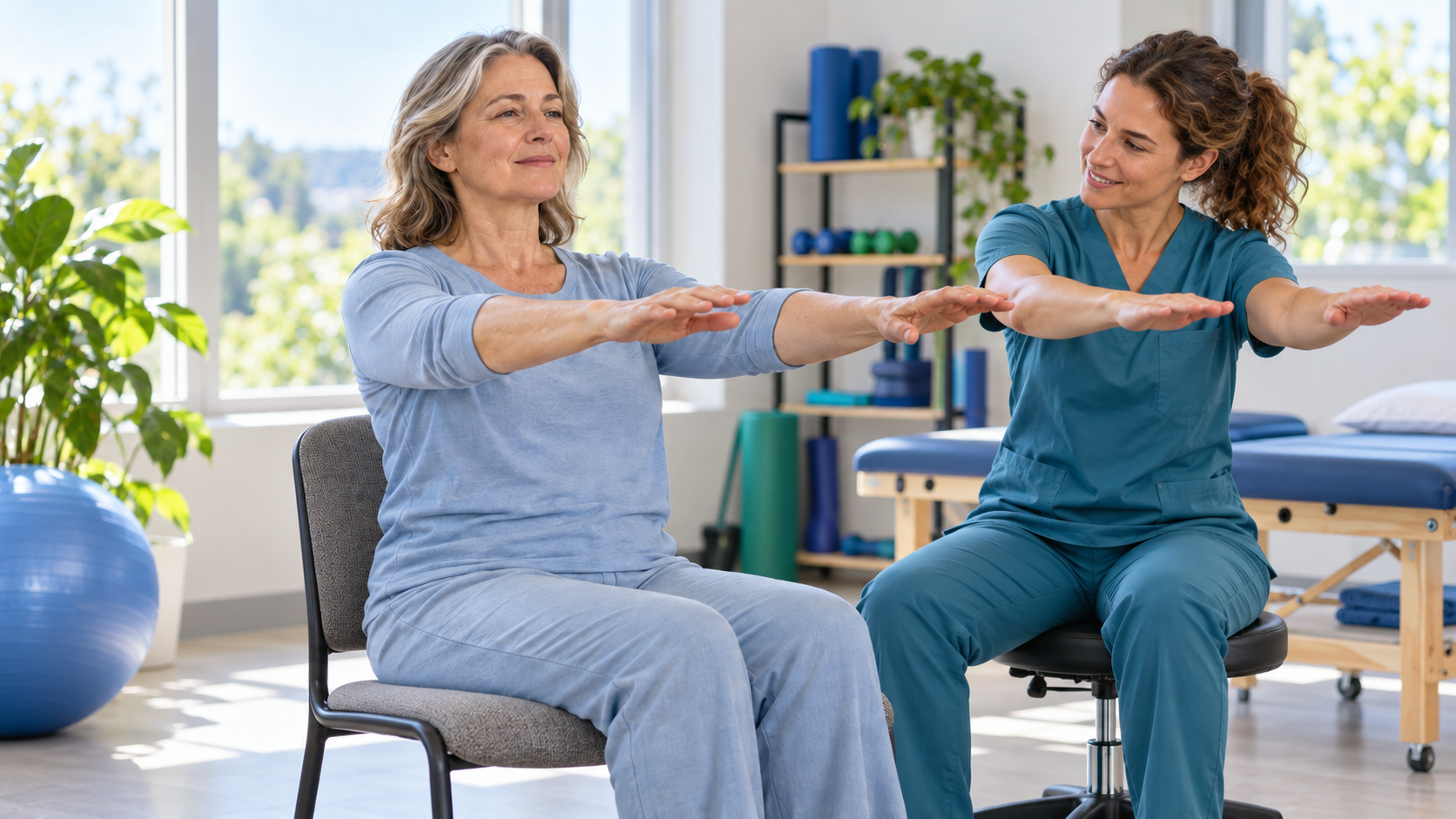 Mujer realizando movimientos suaves de brazos junto a una kinesióloga en un centro de rehabilitación.